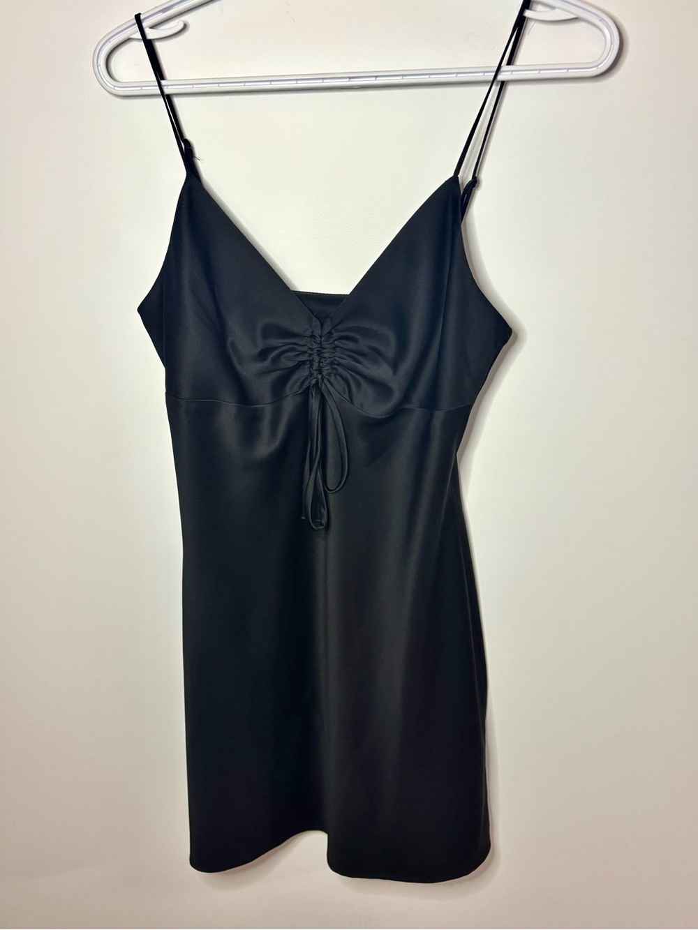 Dynamite Black Satin Ruched Front Slip Dress